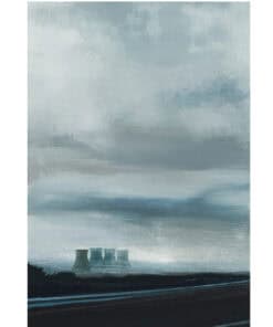 Dusty blue cloudscape with cooling towers in the distance, capturing atmospheric abstract landscape art.
