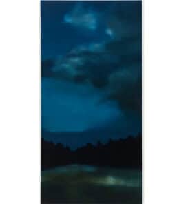 Stormy sky over dark trees and reflective lake - contemporary Irish landscape painting at The Kildare Gallery.