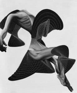 Intricate black and white abstract artwork featuring human forms with geometric overlay, inspired by contemporary art.