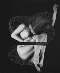 Intriguing black and white surreal artwork featuring a naked woman with geometric line patterns in the background.