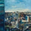 Modern cityscape painting with vibrant blue tones and textured brushstrokes.