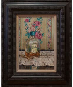 Vintage floral painting of a perfume bottle with pink flowers in a dark ornate frame, at The Kildare Gallery.