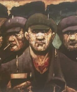 Powerful wartime painting of soldiers with intense expressions, showcasing military history and emotive artwork.