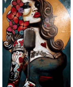 Vibrant mural artwork of a woman with floral hair and musical tattoos at The Kildare Gallery.