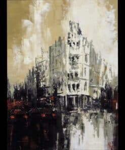 Abandoned cityscape painting with abstract ruined buildings and dark reflections.