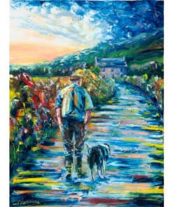 Vibrant landscape painting of a man walking his dog along a rural path at sunset, colourful and expressive art style.