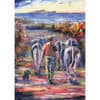 Vibrant painting of a farmer leading cows along a seaside path at sunset, showcasing colourful landscape art.