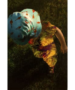 Blue hat with bird pattern, colourful children's clothing, outdoor art scene.