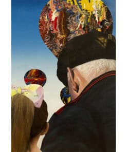 Vivid abstract art with planetary motifs and human figures, showcasing contemporary artwork at The Kildare Gallery.