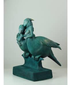 Bronze sculpture of two mythological creatures, blending human and bird features, at The Kildare Gallery, highlighting Irish contemporary art.