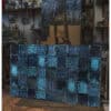 Blue abstract oil painting on canvas, textured artwork in artist's studio.