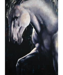 Elegant grey horse painting emphasizing realism and artistic detail.