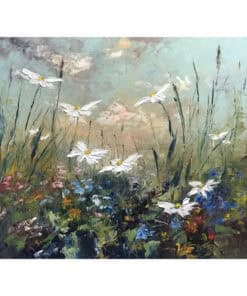Bright floral painting of daisies and wildflowers in a meadow with a soft sky background.