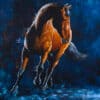 Vibrant painting of a galloping brown horse with dynamic blue background.