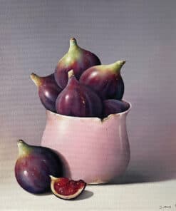 Violet figs in a pink ceramic bowl on a white background, realistic food still life.