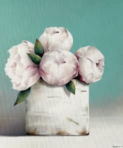 Peony flower painting in a white vase with green leaves on a turquoise background, by Susan Carrs.