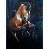 Elegant horse painting with a dynamic blue background, capturing the strength and beauty of a running horse.