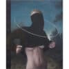 Unisex portrait painting with a surrealist style, featuring a masked figure lifting a shirt to reveal the torso.