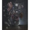 Dark still life painting of a flower vase with dog face motif, surrounded by abstract floral elements.