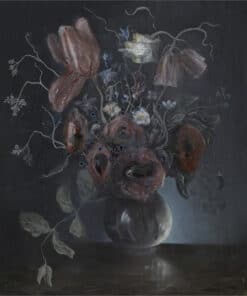Dark still life painting of a flower vase with dog face motif, surrounded by abstract floral elements.