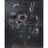 Vase of dark flowers and abstract art in a glass vase, brown and black background, oil painting style.