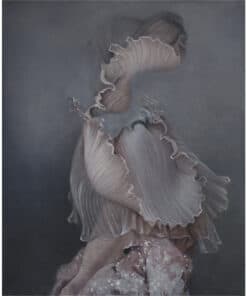 Luminous abstract silver and cream ruffled sculpture resembling ocean fins or shells.