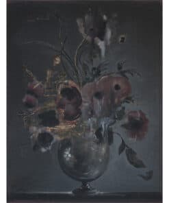 Old master style still life painting of a vase with apples and flowers, dark background.