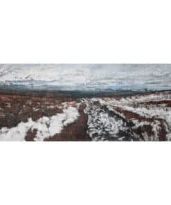 Snowy landscape painting at The Kildare Gallery, capturing the rugged winter scenery with textured brushwork.