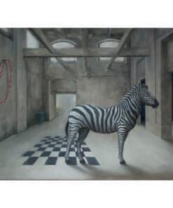 Zebra in an indoor art gallery space with industrial grey walls and wooden beams.