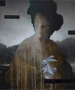 Auntie, a contemporary artwork blending portraiture and abstract elements with a textured background.