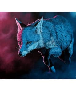 Vivid blue wolf painting at The Kildare Gallery, showcasing contemporary wildlife art in vivid colours.