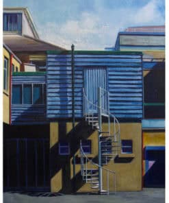 Vibrant painting of colourful modern building facades with metal stairs and shadows, showcasing Irish architecture at The Kildare Gallery.