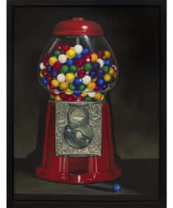 Colourful gumball machine artwork at The Kildare Gallery, Irish contemporary art exhibit, vibrant modern painting of retro snack dispenser.