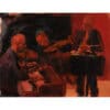 Vibrant abstract painting of musicians playing instruments in warm red, black, and earthy tones at The Kildare Gallery.