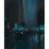 Night cityscape painting with illuminated cars and pedestrians in a wet, urban environment.