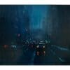 Dark cityscape painting with reflections of car lights on a rainy night.