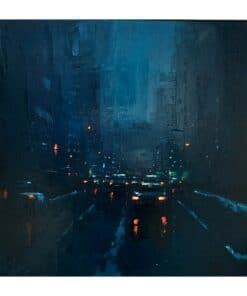 Dark cityscape painting with reflections of car lights on a rainy night.