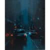 Rainy city street at dusk with illuminated car taillights, dark atmosphere, impressionist oil painting style, atmospheric urban scene, moody lighting, abstract urban art, nocturnal landscape, modern cityscape, atmospheric city art, moody city scene,.
