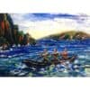 Vivid painting of three men rowing a boat in a scenic coastal landscape with cliffs and rolling hills.
