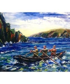 Vivid painting of three men rowing a boat in a scenic coastal landscape with cliffs and rolling hills.