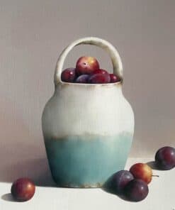 Vase with ripe plums, still life art, Kildare Gallery, Ireland, colourful fruit display.