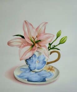 Pink lily flower in a decorative blue and white teacup with matching saucer, studio still life painting, artistic floral art, Kildare Gallery.