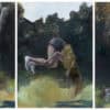 Vivid triptych of a girl flipping upside down in a lush outdoor setting, showcasing contemporary Irish art.