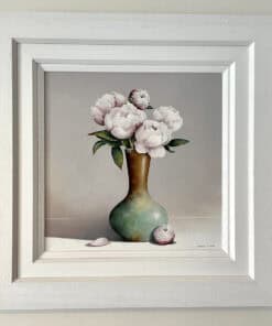 Elegant botanical still life painting of white peonies in a ceramic vase, perfect for art collectors.