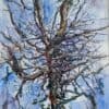 Vivid watercolor painting of a leafless tree with a blue sky background, showcasing artistic nature imagery.