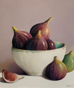 Gray table with a ceramic bowl filled with ripe figs, with a few figs beside the bowl, in a realistic style.