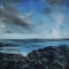 Acrylic seascape painting by artist featuring dramatic cloudy sky and rugged shoreline in shades of blue and grey.
