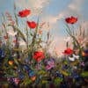 Vibrant floral painting featuring red poppies, daisies, and blue forget-me-nots under a soft sky backdrop.