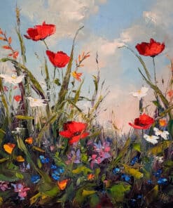 Vibrant floral painting featuring red poppies, daisies, and blue forget-me-nots under a soft sky backdrop.