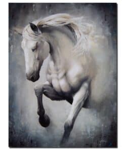 Elegant white horse artwork with a dynamic pose, displayed at The Kildare Gallery, showcasing fine Irish contemporary art.